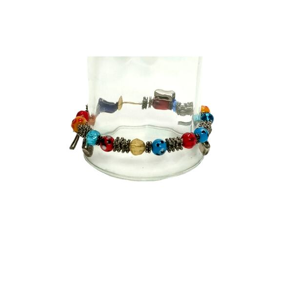 🌈 Multicolor Lampwork Bracelet w/ Cross Charms | Boho VTG Stretch - Picture 7 of 12